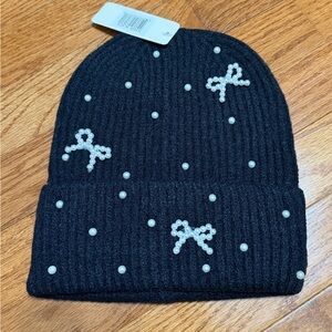 Ribbed Black Beanie with Pearl Accents NWT